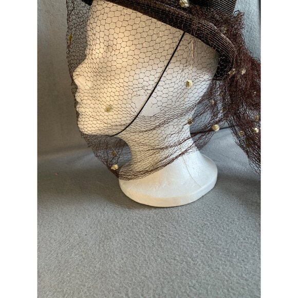 Ladies Brown Hat with netting and Pom Pom accents Sz 22 Vintage main image 11